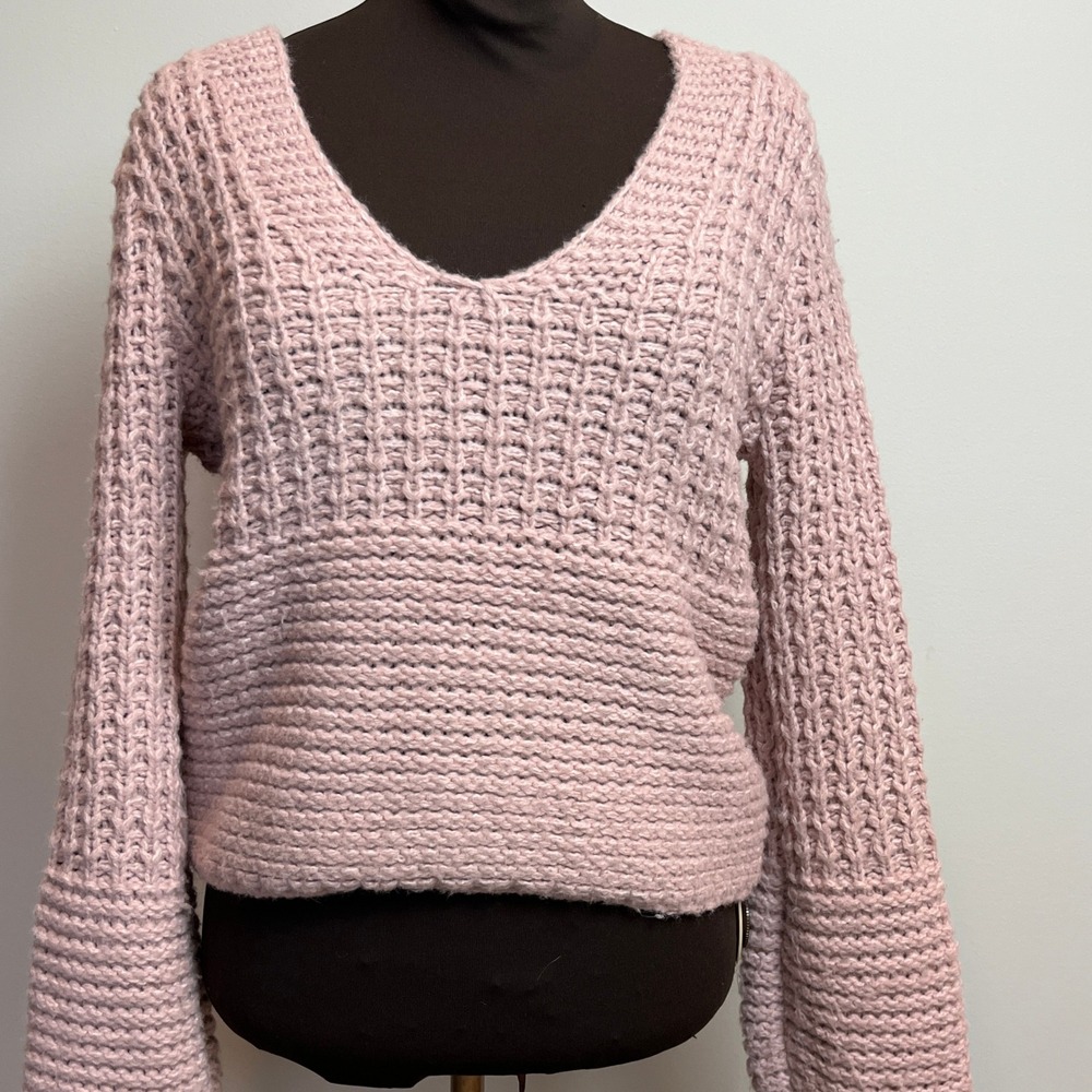 Twik Women's Chunky Knit Cropped Sweater Pink Balloon Sleeve Textured Pullover M
